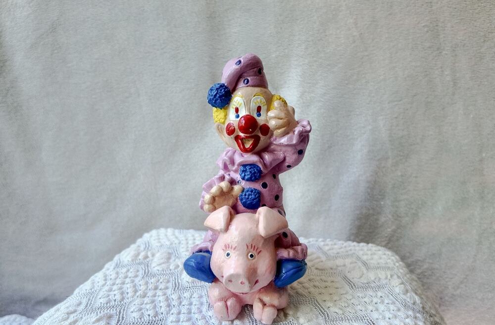 Vintage Chalkware Clown Figurine with Pig Hand Painted Kitsch Circus Decor